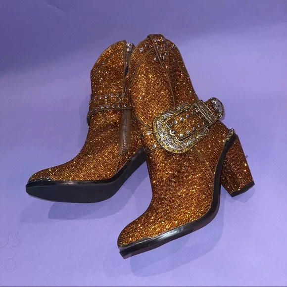 Dark orange/light brown rhinestone cowboy boots. - Picture 7 of 8